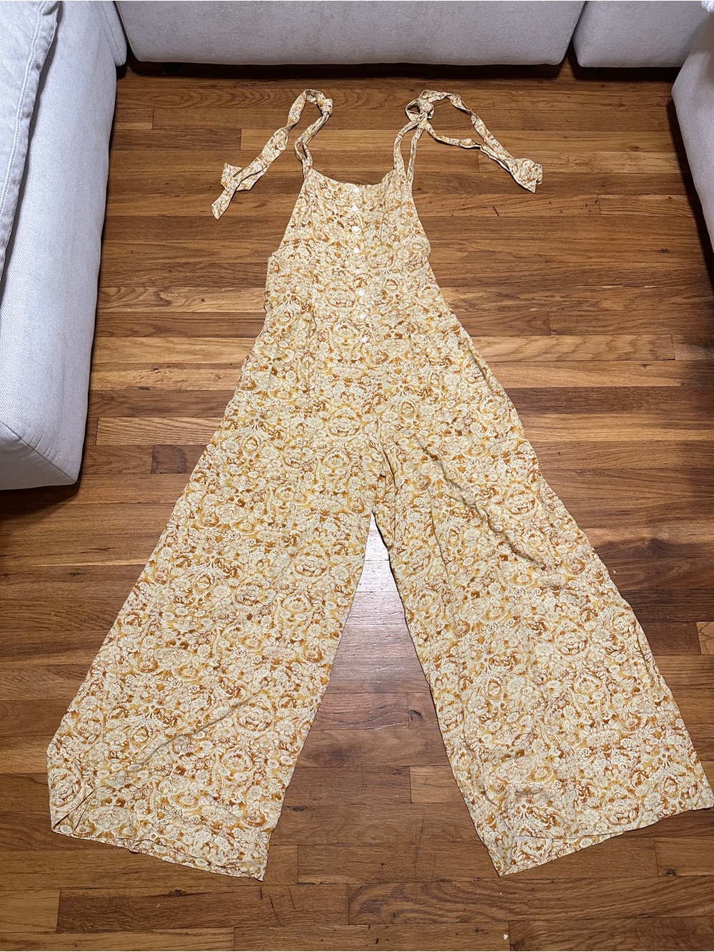 Free People Yellow Floral Wide-Leg Tie-Shoulder Jumpsuit